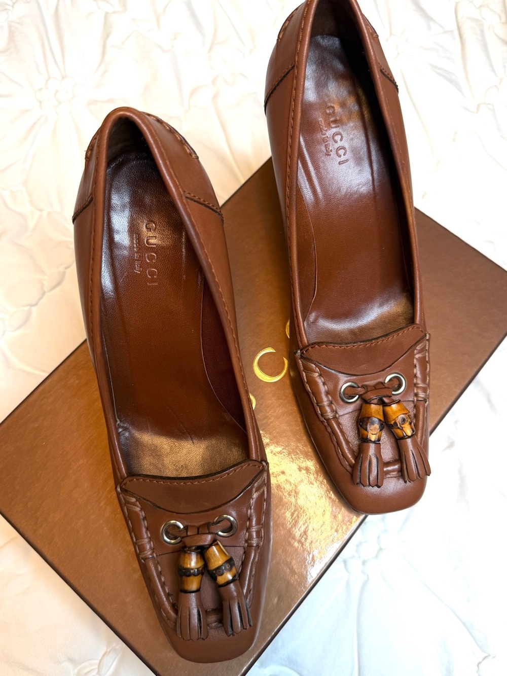 Gucci Brown Leather Tassel Loafers with Bamboo Beads
